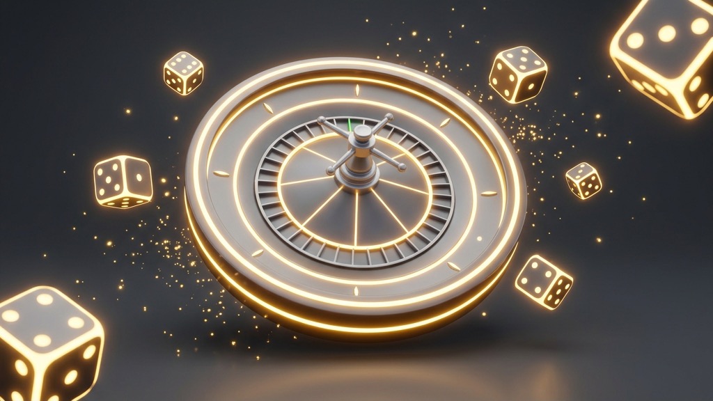 Holographic neon yellow outline of a roulette wheel and floating golden dice.