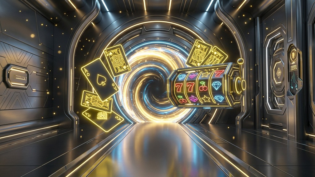 Futuristic casino lobby with abstract glowing neon-yellow slot reels and floating playcards.