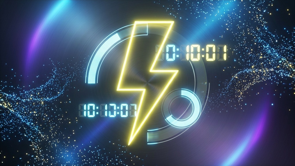 Neon yellow lightning bolt, digital charts, and timers representing instant mobile play.