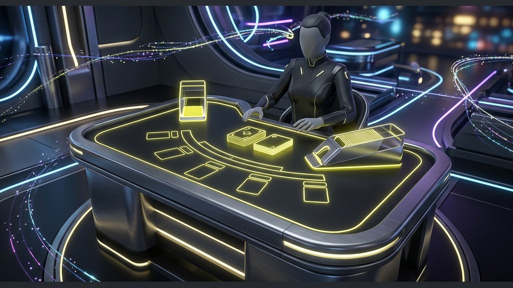 Futuristic high-tech live casino dealer environment, playing cards layout, and interface.