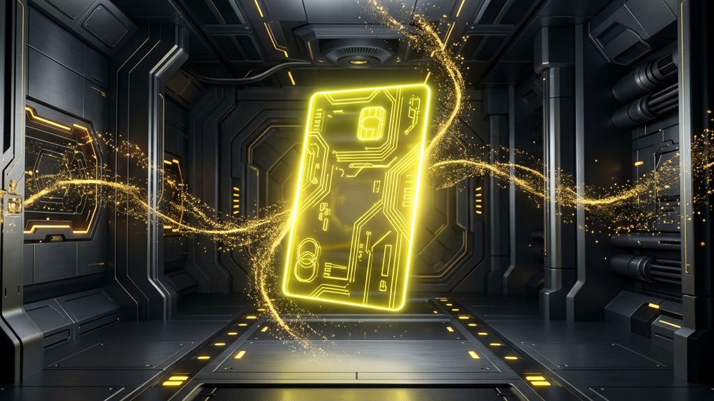 Glowing credit card outline and digital security vault interface.