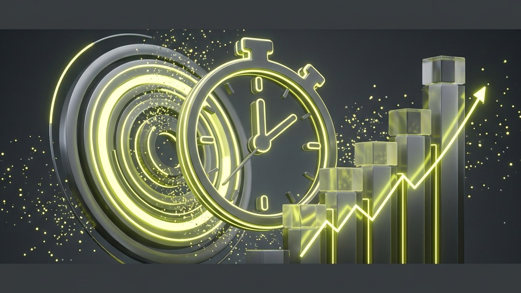 Holographic stopwatch, progress clock, and abstract green bar charts representing limits and timings.