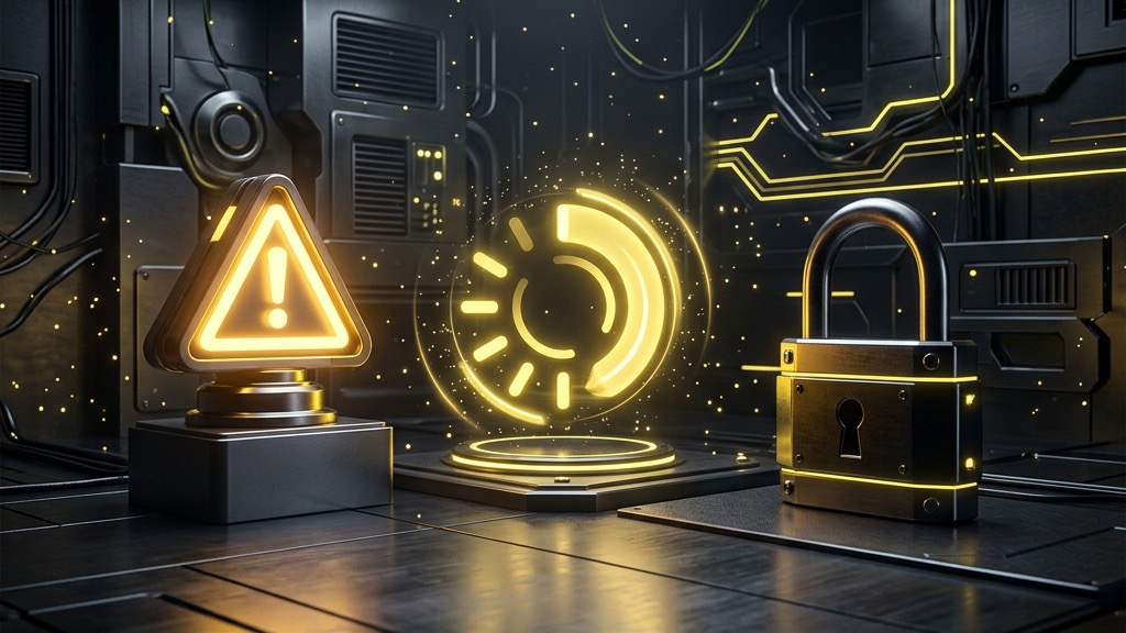 Holographic warning sign, status spinner and locked padlock representing payment checks.