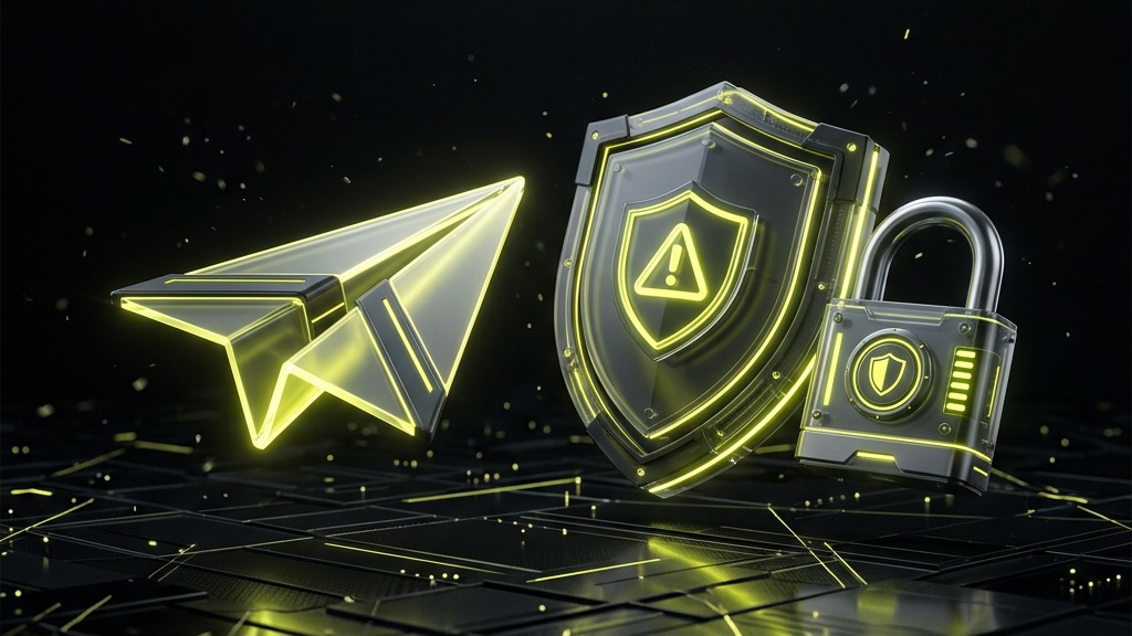 Holographic Telegram paper plane floating next to a security shield and padlock.