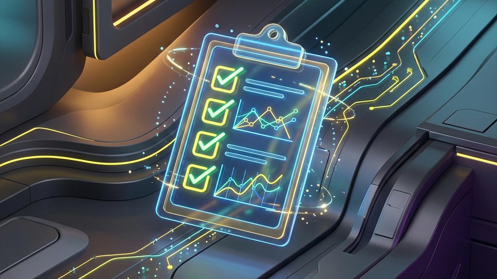 Holographic checklists and data metrics representing promotional rules.