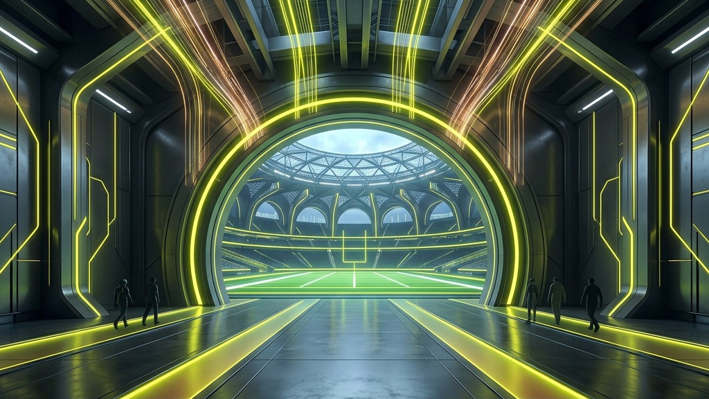 Futuristic sports stadium lobby with neon yellow field markers and dynamic light channels.