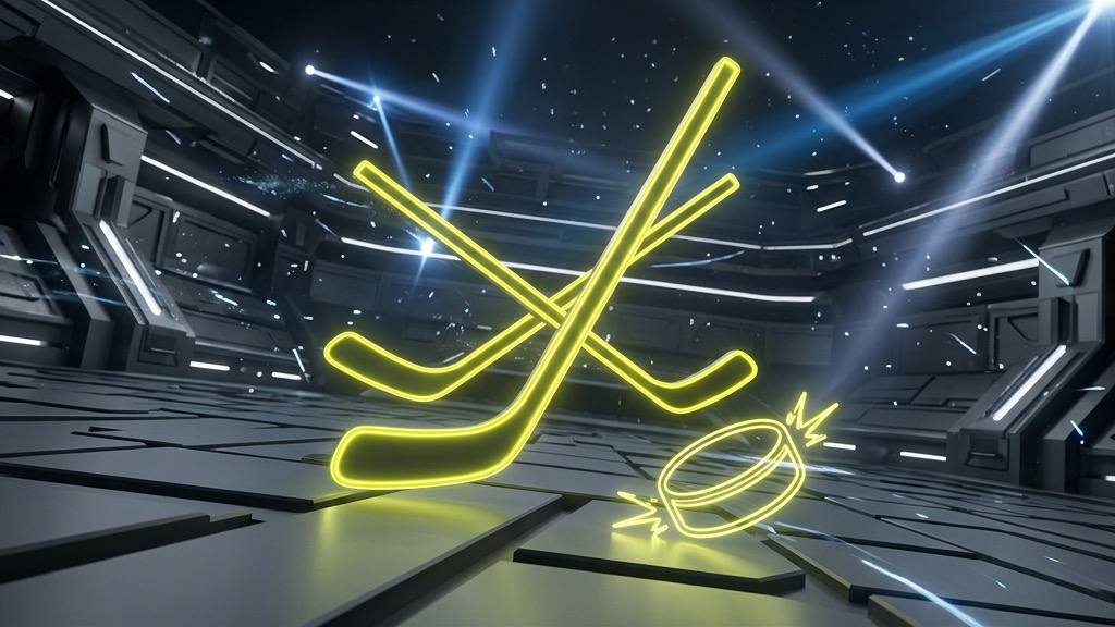 Holographic neon yellow outline of hockey sticks and puck in a grey futuristic arena.